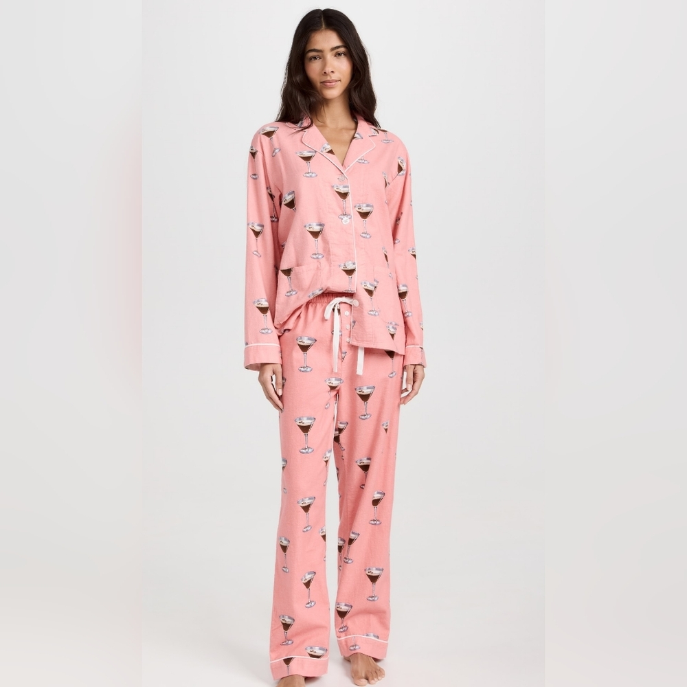 PJ SALVAGE Espresso Martini Pajama Set Medium Pink Cocktails Coffee Flannel